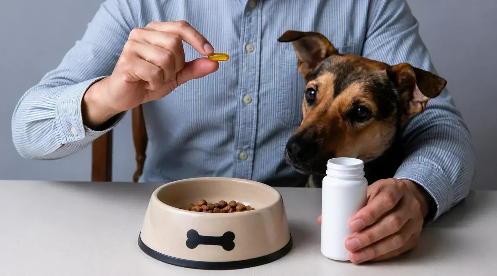 A pet owner feeding a dog a fish-oil supplement capsule beside a bowl of kibble and a plain white supplement bottle.
