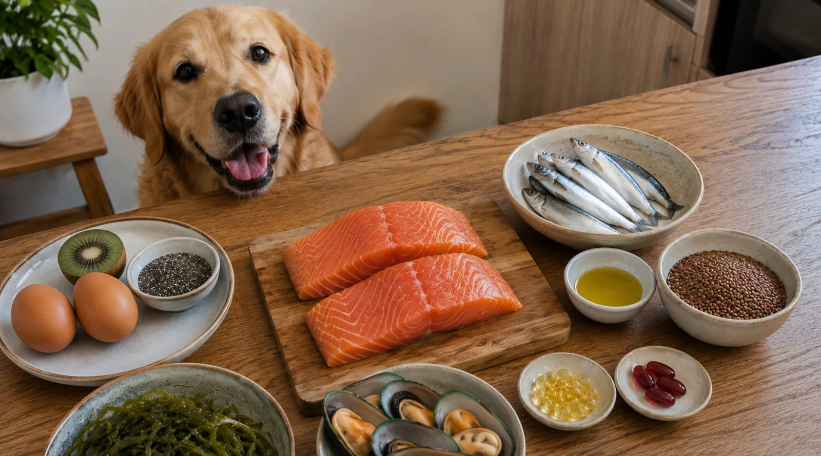 Golden Retriever sitting at a dining table beside a selection of omega-3 rich foods and supplements, including salmon, sardines, green-lipped mussels, fish oil capsules, krill oil capsules, eggs, chia seeds, flaxseeds and seaweed.