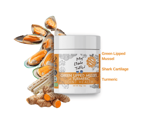 Pet supplement of green lipped mussel, shark cartilage, and turmeric by My Little Tails