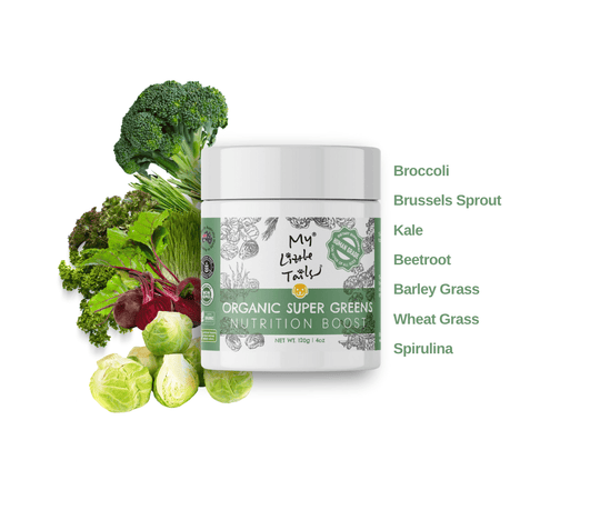 Organic super greens nutrition boost container with fresh vegetables by My Little Tails