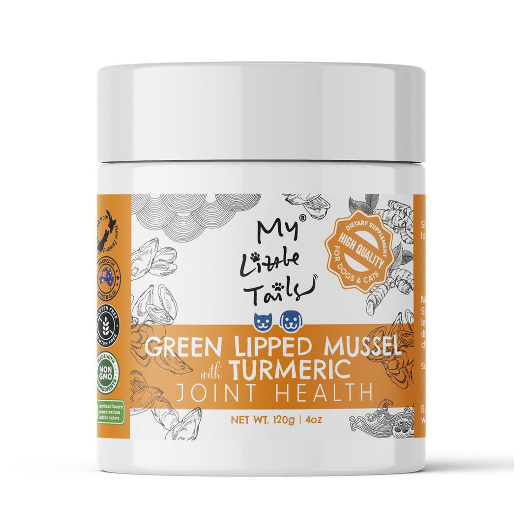 Pet supplement container by 'My Little Tails' with green lipped mussel and turmeric for joint health on a white background.