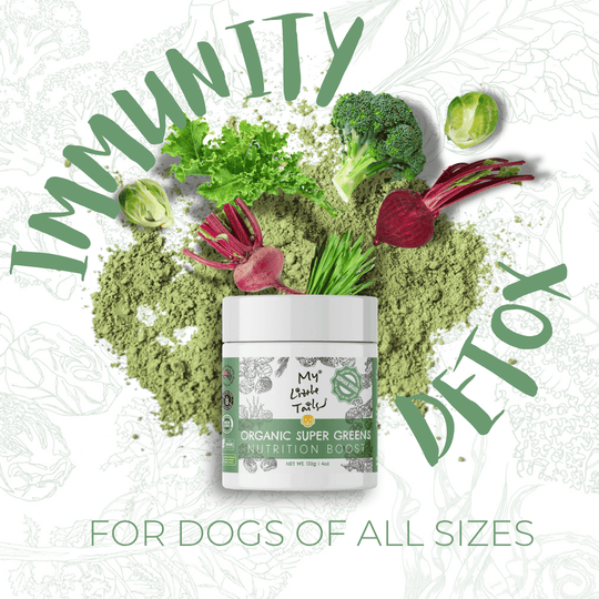 Supplement jar by My Little Tails with green powder and vegetables on a white background, featuring text about immunity, detox, and suitability for dogs.