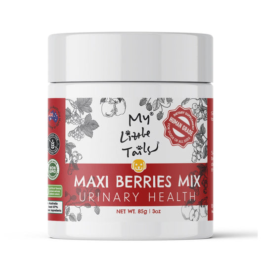 Pet supplement container by 'My Little Tails Maxi Berries Mix' on a white background