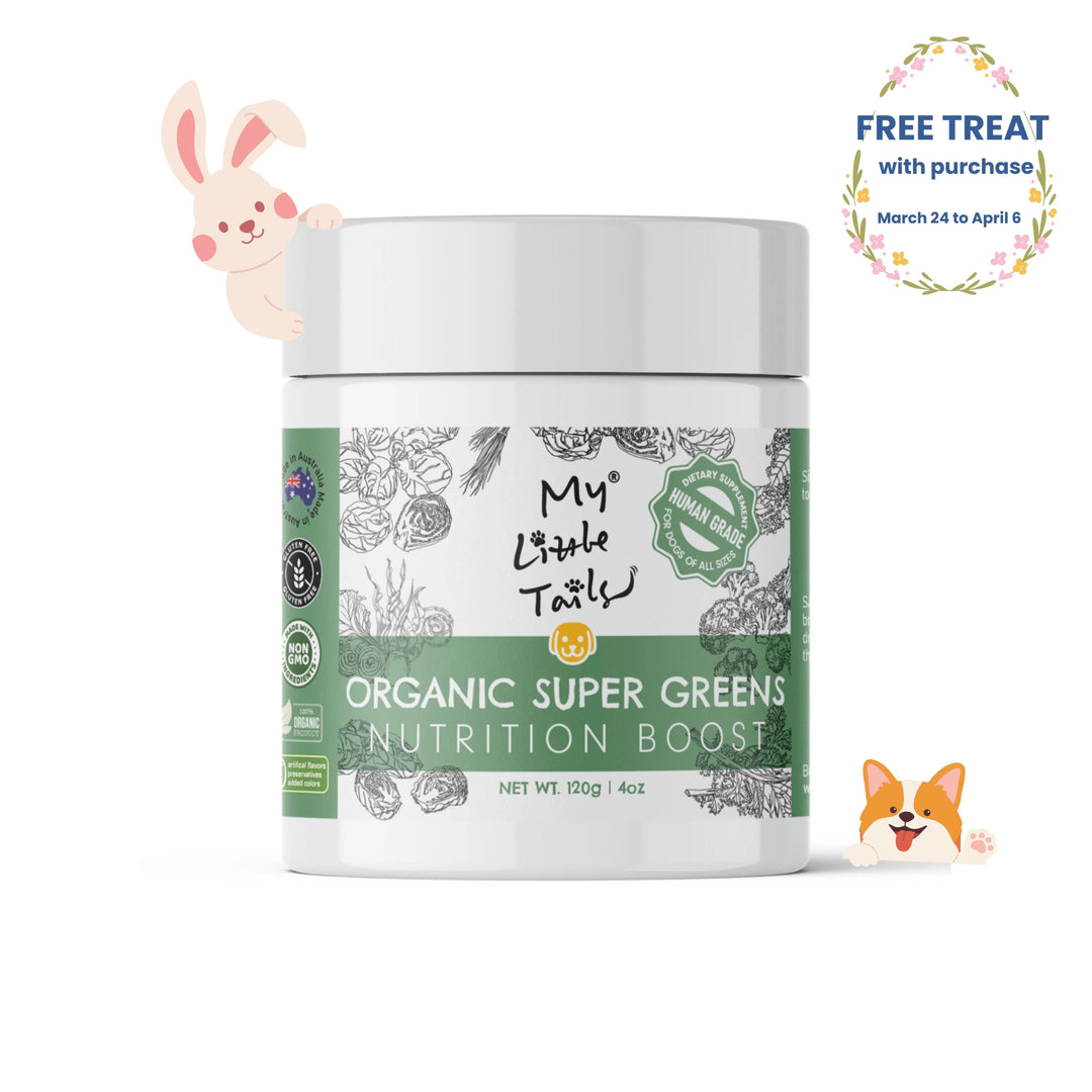 Container of 'My Little Tails' organic super greens nutrition boost with cartoon animals on a white background.