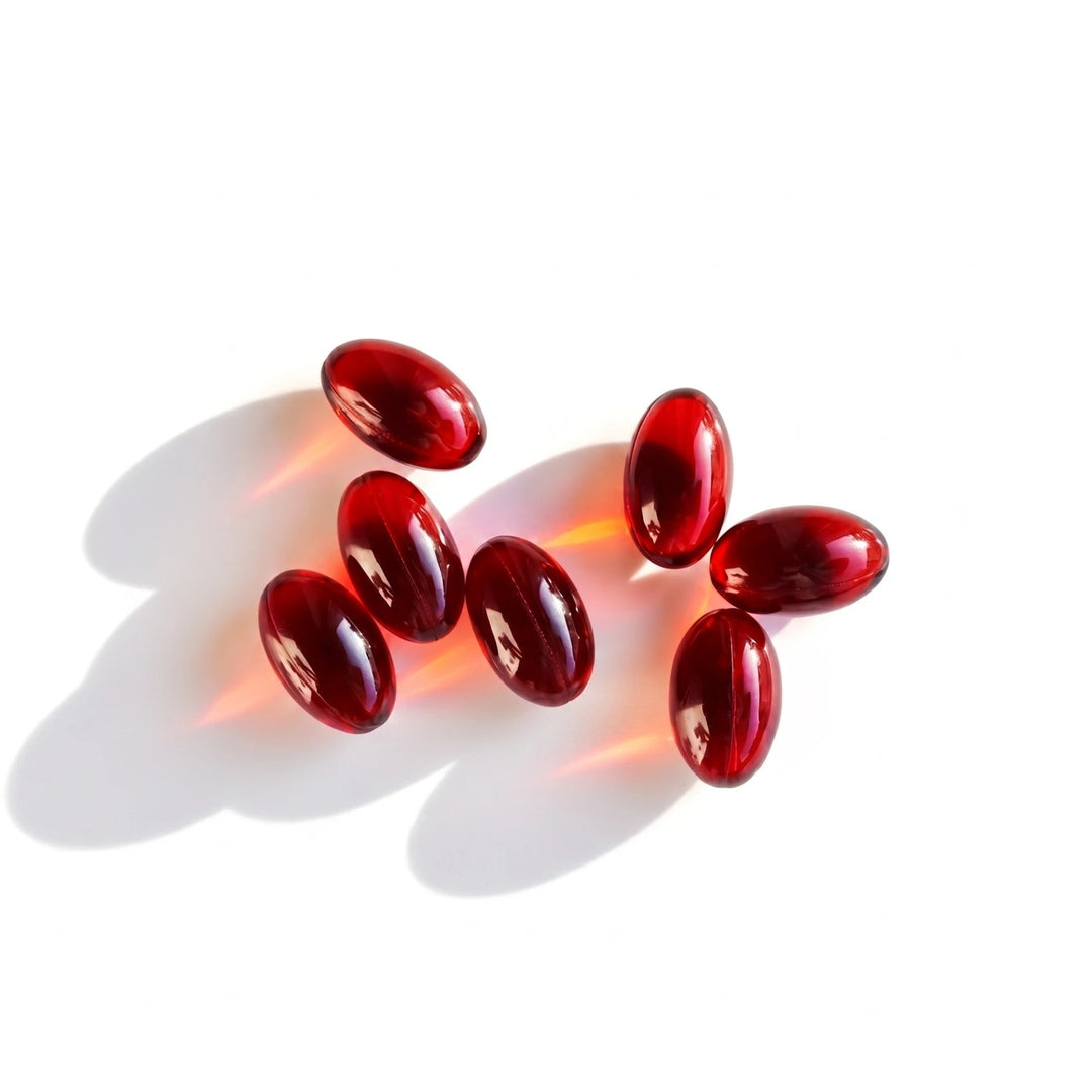 Red capsules on a white background