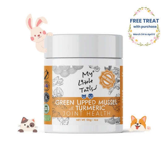 Pet supplement container labeled 'My Little Tails' with cartoon animals on a white background